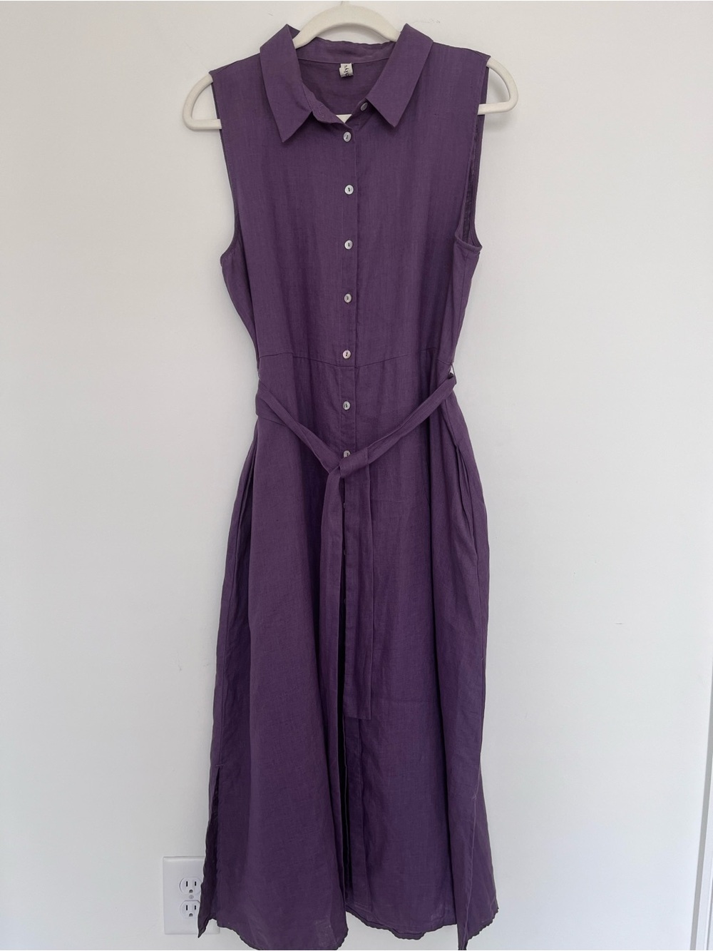 Sleeveless Button-Front Purple Linen Shirt Dress with Waist Tie